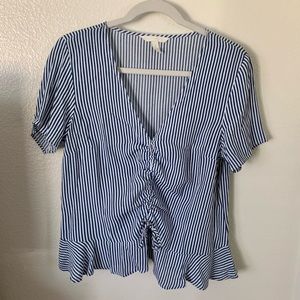 H&M Blue White Striped Cinched Blouse Top